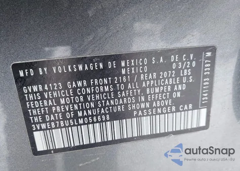 2020 Volkswagen Jetta 1.4T Sel z USA, uszkodzony, nr VIN 3VWEB7BU5LM056698